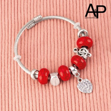 DAP0263-PULSERA PIEDRA NATURAL Y CORAZON CON ZIRCONES