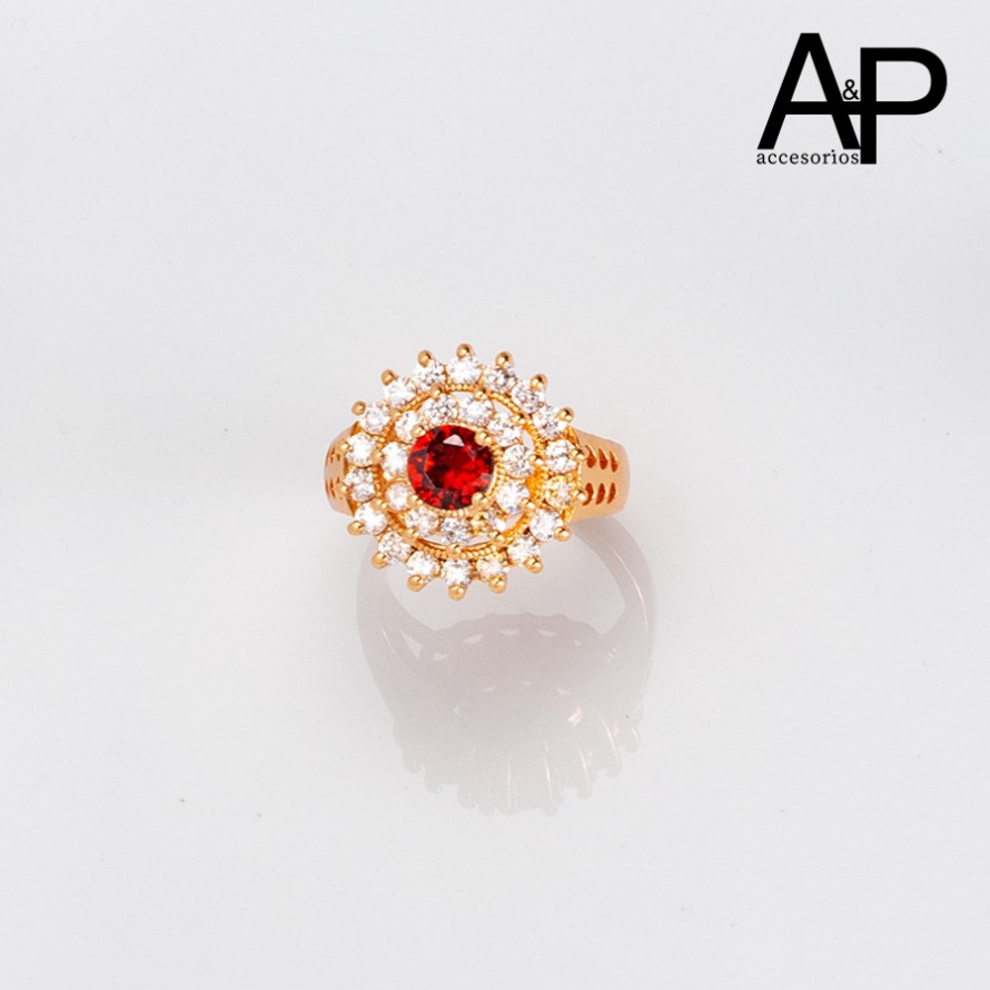 DAP0237-ANILLO ZIRCON ROJO Y MULTIZIRCONES