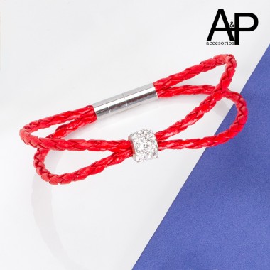 AP751-PULSERA CUERO SINT. ROJA CIERRE IMANTADO